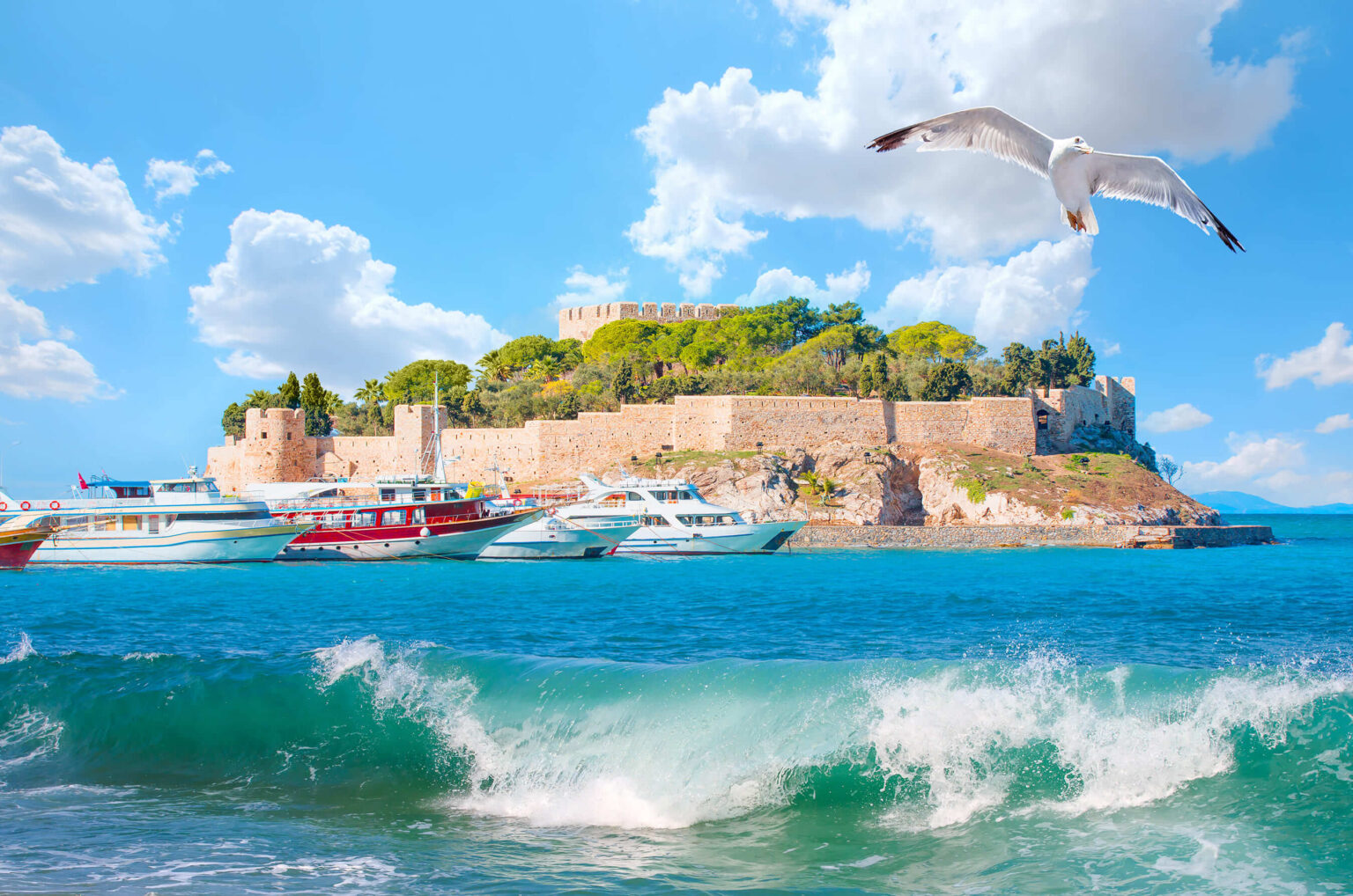 Pigeon Island with a Pirate castle Kusadasi harbor