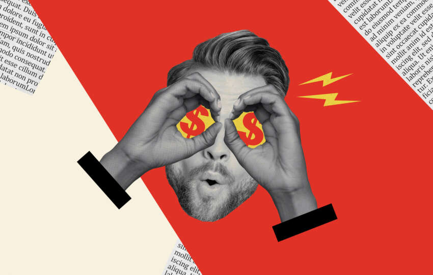 Creative collage picture young crazy guy addicted money wealth dollar sign increase profit earnings caricature literature page background