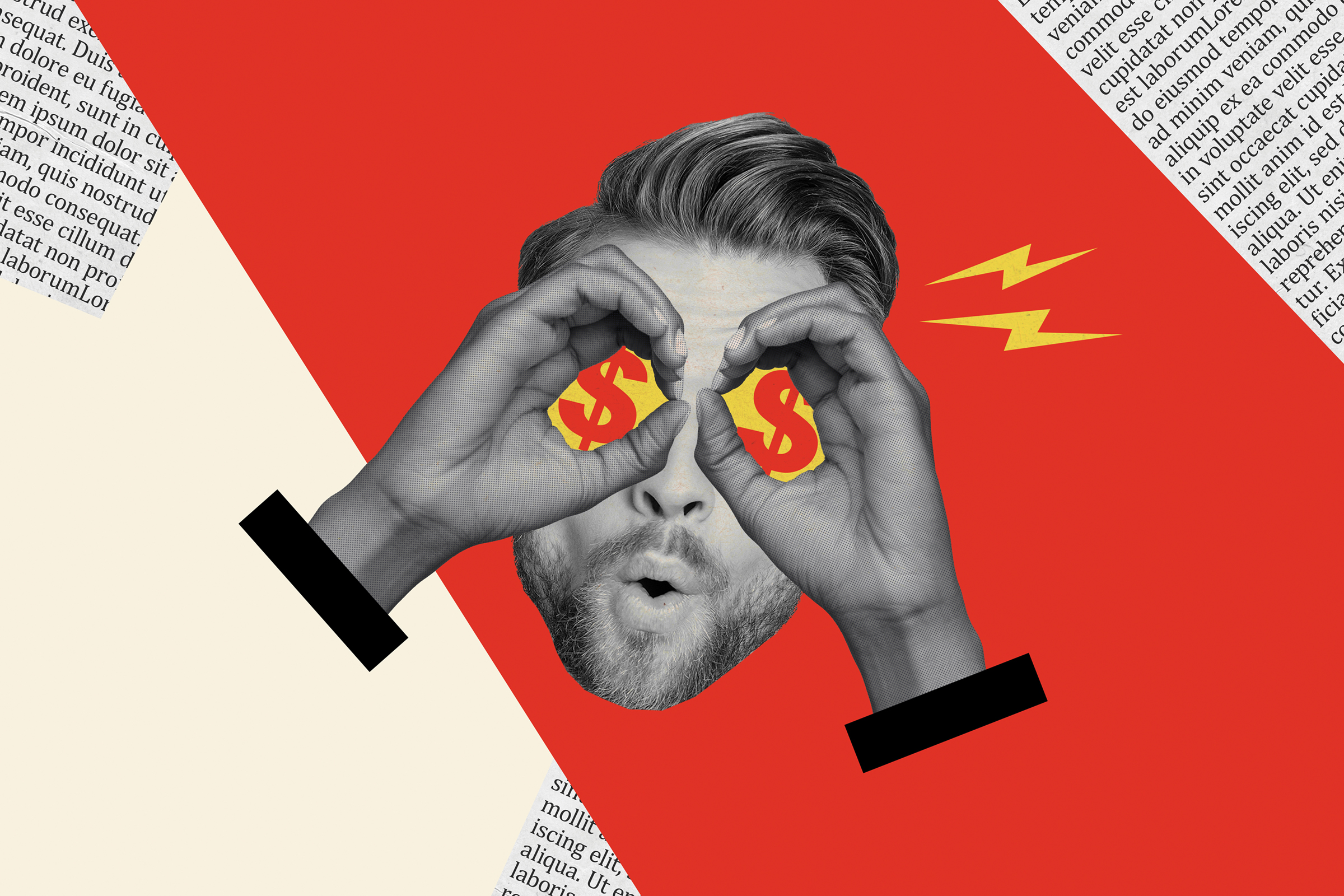 Creative collage picture young crazy guy addicted money wealth dollar sign increase profit earnings caricature literature page background